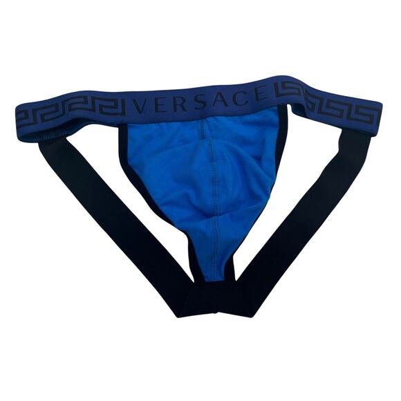 M2-7 VERSACE Men's Greca Jockstrap Underwear Stretch Blue/Black Size 7/36-38/L - Picture 1 of 10